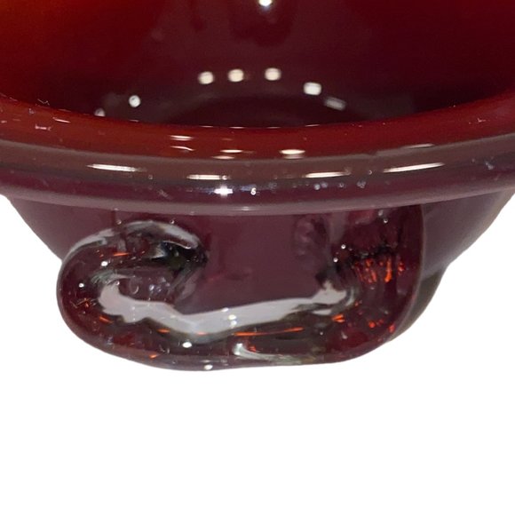 Blown Art Glass Bowl Dish Studio Signed Rust Burgundy Round Clear Handle - Picture 5 of 7